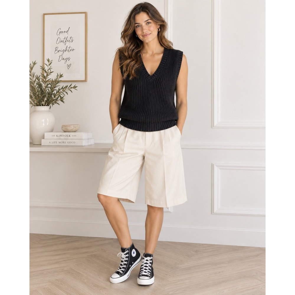 Rachel Zoe Black Sleeveless Sweater Vest Size L Chunky Knit V-Neck Cotton Blend